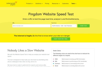 Pingdom官网,Pingdom,是比较常见的网站测试工具,能够对阻碍用户访问速度的因素给出评分,并且对这些因素提供具体的分析说明,以便站长能根据这些因素有针对性的加以解决。 Pingdom的产品 - 123导航